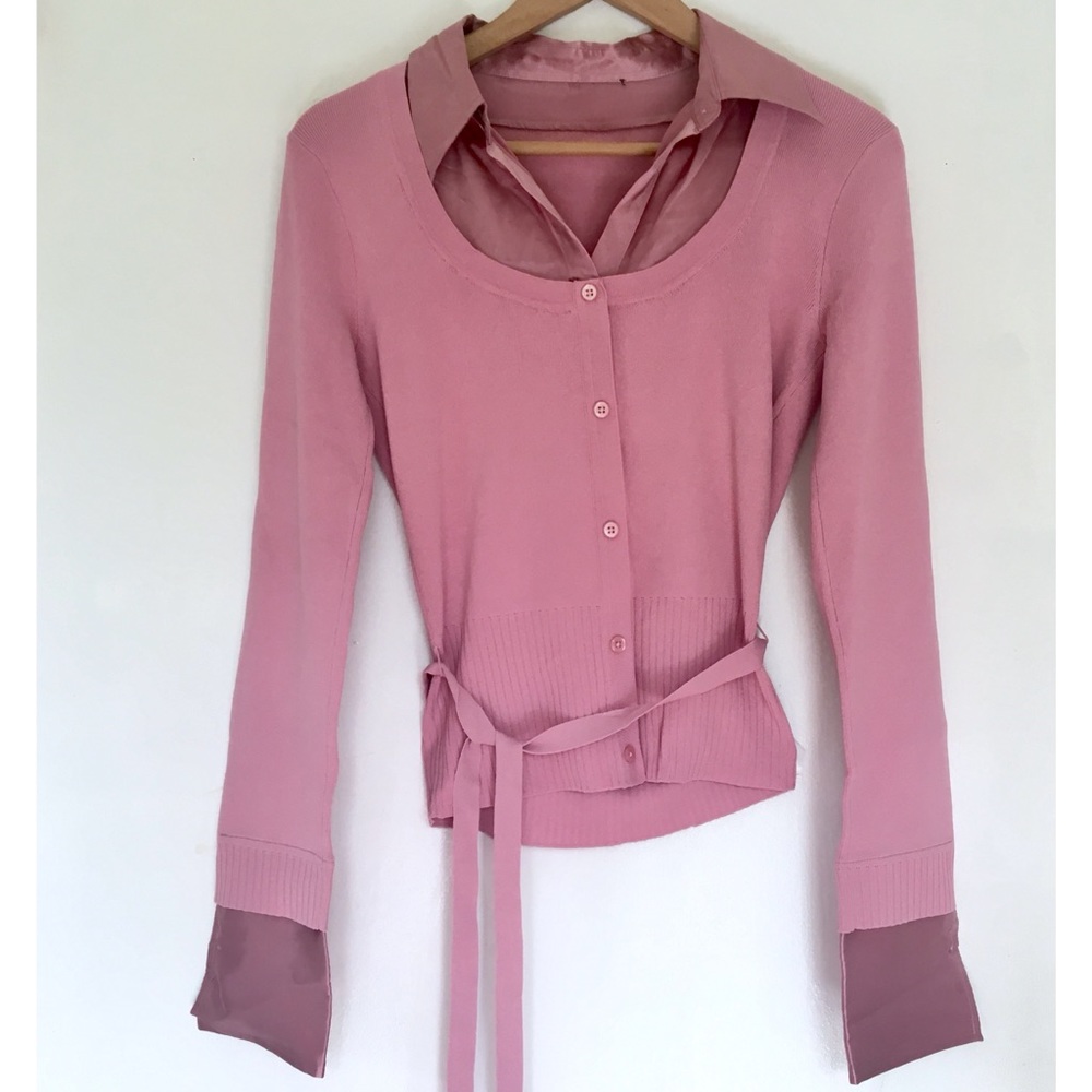 Dusty pink top | collar button | tie waist | work